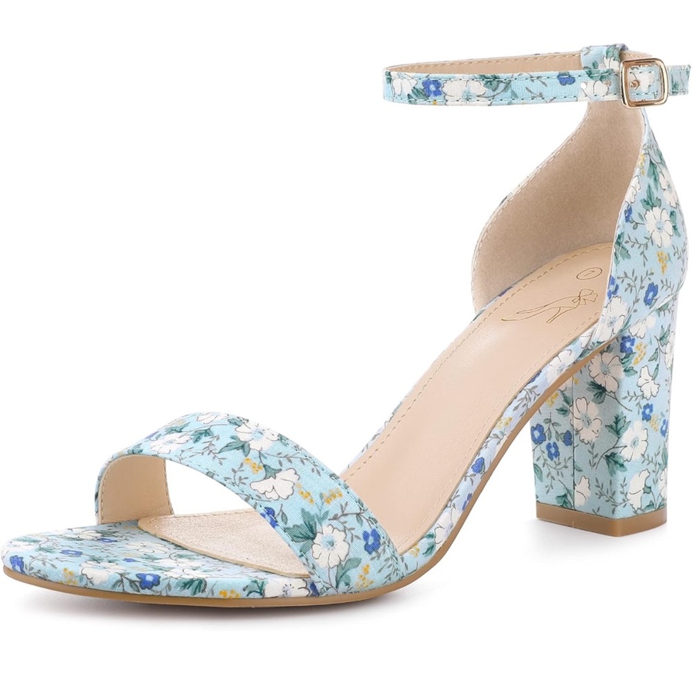 Perphy Floral Printed Open Toe Ankle Strap Chunky Heel Sandals